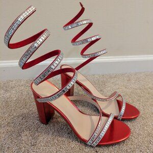 Red Rhinestone Spiral Wrap Heels - Size 10 - Statement Party Sandals